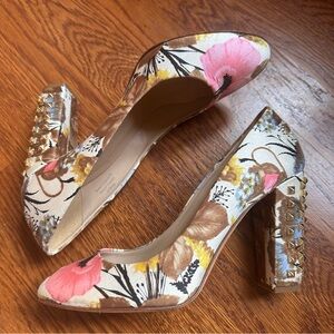 J. Crew Floral Studded Block Heel Shoes - Pink, Brown, Yellow